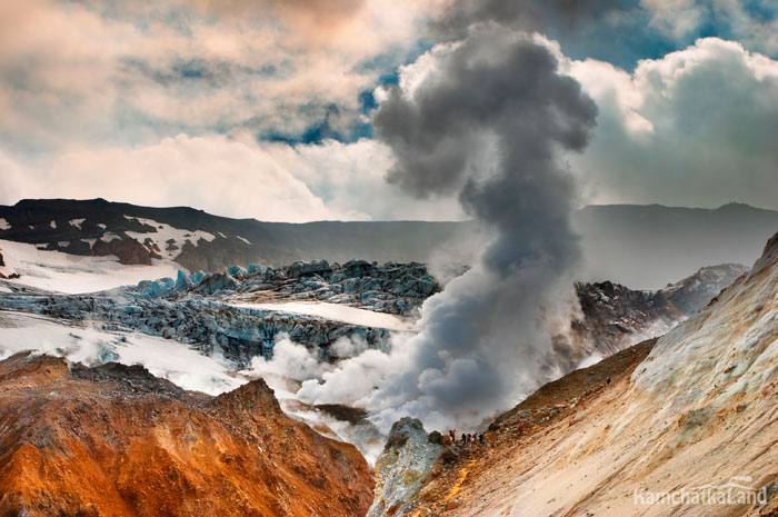 Panorama of the crater of Mutnovsky volcano.