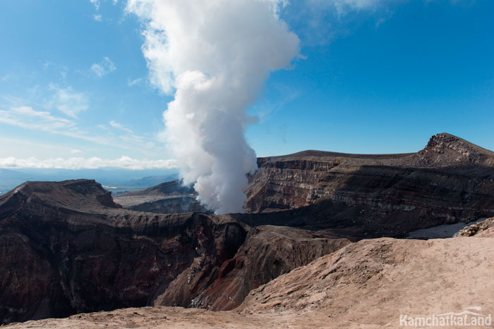 Activity in the crater of the volcano.